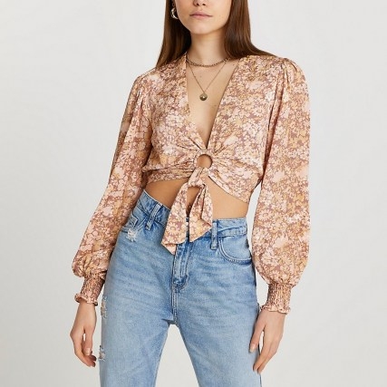 River Island Brown printed ring front tie blouse top | plunge front summer tops | crop hem | O ring detail - flipped