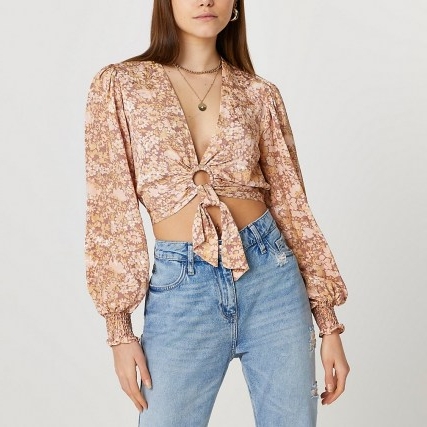 River Island Brown printed ring front tie blouse top | plunge front summer tops | crop hem | O ring detail