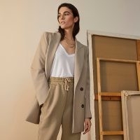 RIVER ISLAND Brown RI Studio tailored blazer ~ neutral double breasted tailored-fit blazers ~ longline padded shoulder jacket
