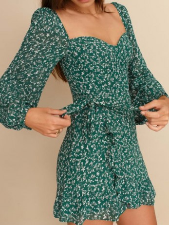 REFORMATION Cammi Dress ~ green floral fitted bodice mini dresses - flipped