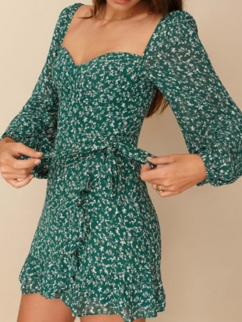 REFORMATION Cammi Dress ~ green floral fitted bodice mini dresses