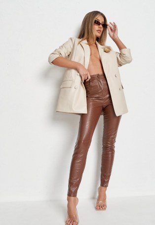 MISSGUIDED chocolate faux leather croc slim leg trousers ~ brown skinnies - flipped