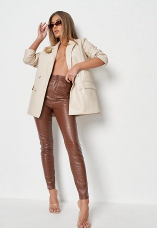 MISSGUIDED chocolate faux leather croc slim leg trousers ~ brown skinnies