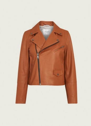 L.K. BENNETT COOPER TAN LEATHER BIKER JACKET / light brown casual jackets / classic zip detail outerwear - flipped