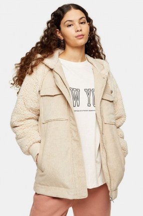 TOPSHOP Cream Corduroy And Borg Zip Hooded Jacket / textured faux fur jackets