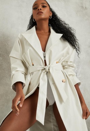 Missguided cream faux leather lip shoulder trench coat | luxe style tie waist coats - flipped