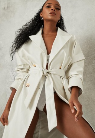 Missguided cream faux leather lip shoulder trench coat | luxe style tie waist coats