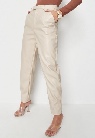 Missguided cream faux leather tailored carrot trousers - flipped