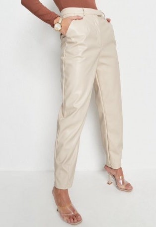 Missguided cream faux leather tailored carrot trousers