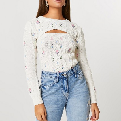 River Island Cream floral embroidery 2 in 1 jumper - flipped