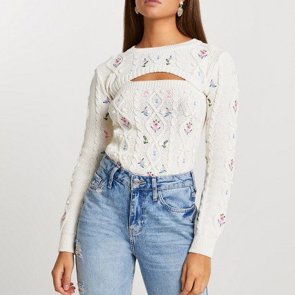 River Island Cream floral embroidery 2 in 1 jumper