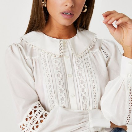 RIVER ISLAND Cream lace cut out detail blouse ~ collared button down blouses - flipped