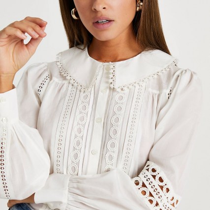 RIVER ISLAND Cream lace cut out detail blouse ~ collared button down blouses
