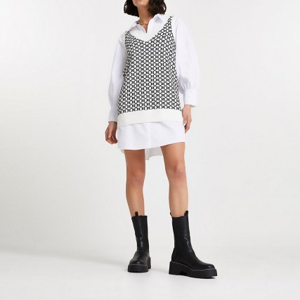 RIVER ISLAND Cream RI monogram knitted shirt dress / logo fashion / collared dresses