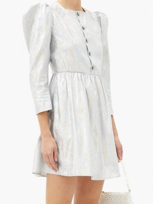 BATSHEVA Crystal-button metallic twill mini dress ~ luxe puff sleeve prairie dresses - flipped