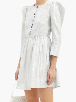 BATSHEVA Crystal-button metallic twill mini dress ~ luxe puff sleeve prairie dresses
