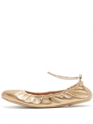GIANVITO ROSSI Crystal-embellished anklet-chain leather pumps in metallic-gold ~ luxe flats - flipped