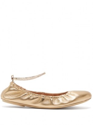 GIANVITO ROSSI Crystal-embellished anklet-chain leather pumps in metallic-gold ~ luxe flats