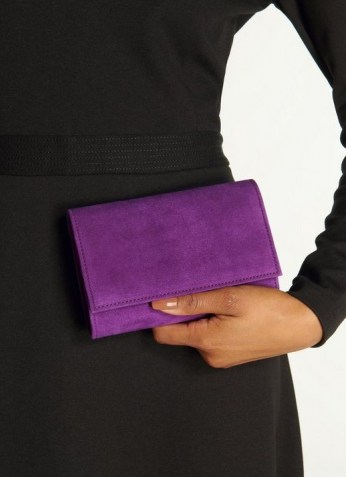 L.K. BENNETT DANNI PURPLE SUEDE CLUTCH BAG / small luxe flat front bags / chain strap crossbody - flipped
