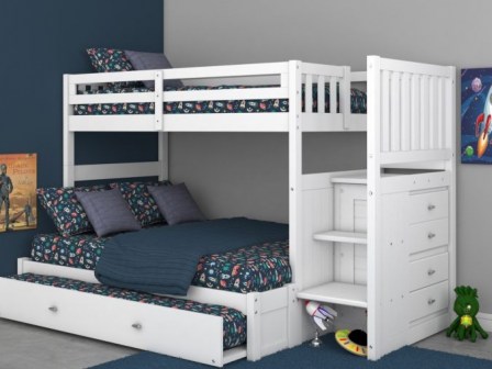 Factory Bunk Beds DISCOVERY WORLD FURNITURE WHITE STAIRCASE MISSION BUNK BED TWIN OVER FULL WITH BRUSHED NICKEL HANDLES | CAMBRIDGE | VIV RAE | KAITLYN