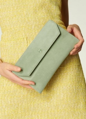 L.K. BENNETT DORA SOFT GREEN SUEDE CLUTCH / small luxe envelope bags - flipped