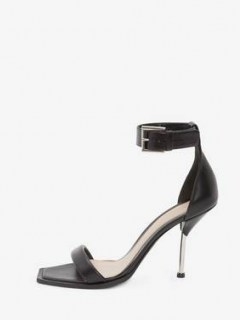 Alexander McQueen Double Strap Sandal Black Silver ~ metal pin heel shoes