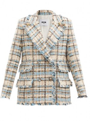 MSGM Double-breasted check cotton-blend tweed jacket / blue and cream checked jackets / fringed trim
