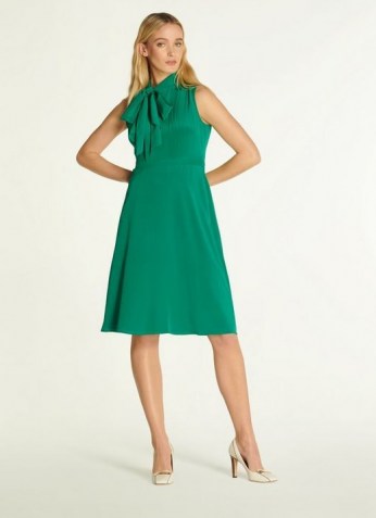 L.K. BENNETT EDELINE GREEN SILK TIE NECK DRESS ~ sleeveless pussy bow dresses with floaty A-line skirt - flipped