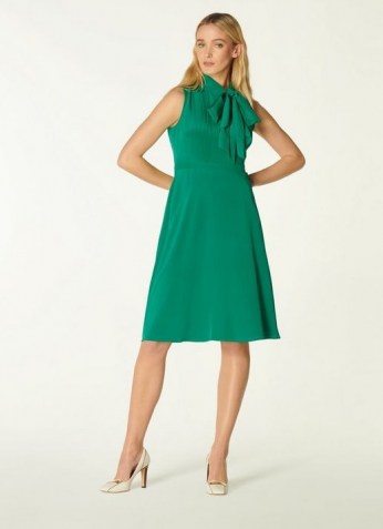 L.K. BENNETT EDELINE GREEN SILK TIE NECK DRESS ~ sleeveless pussy bow dresses with floaty A-line skirt