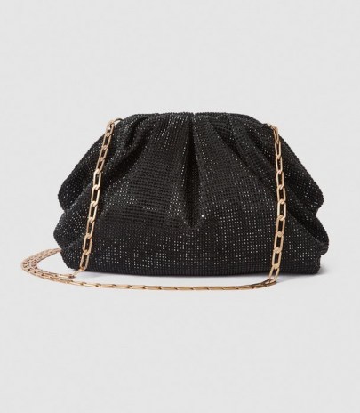 REISS ELLENA EMBELLISHED POUCH CLUTCH BLACK CRYSTALS ~ glittering chain strap evening bags - flipped