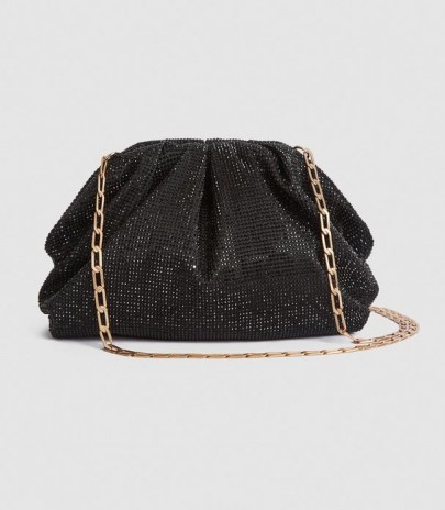 REISS ELLENA EMBELLISHED POUCH CLUTCH BLACK CRYSTALS ~ glittering chain strap evening bags