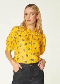 L.K. BENNETT ELSON YELLOW POSEY PRINT SILK-BLEND BLOUSE / vintage style puff sleeve floral blouses