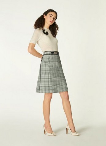 L.K. BENNETT FAYE GREEN CHECK COTTON-BLEND A-LINE SKIRT / classic checked skirts