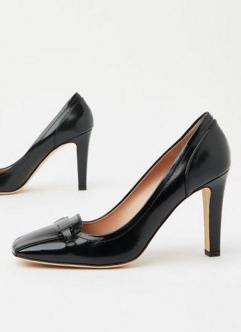 FRANZISKA BLACK LEATHER BAR TRIM COURTS ~ court shoes with squared off toes