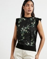 TED BAKER ZAPHIRA Frilled floral print top – black frill sleeve tops
