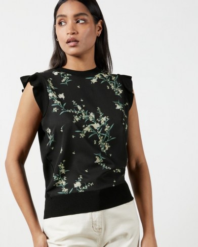 TED BAKER ZAPHIRA Frilled floral print top – black frill sleeve tops - flipped
