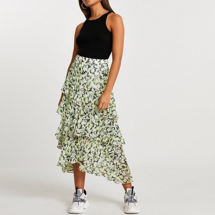RIVER ISLAND Green floral ruffle maxi skirt ~ tiered skirts - flipped