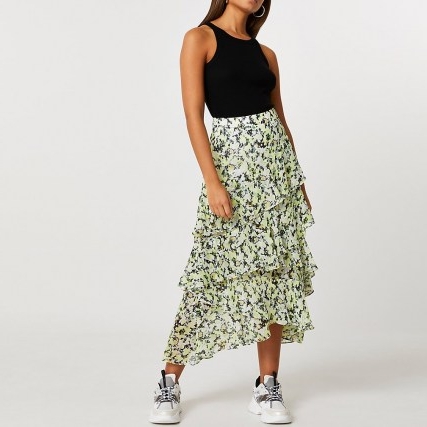 RIVER ISLAND Green floral ruffle maxi skirt ~ tiered skirts