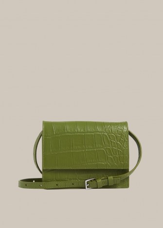 WHISTLES SURI MINI CROC CROSSBODY / green leather crocodile effect bags