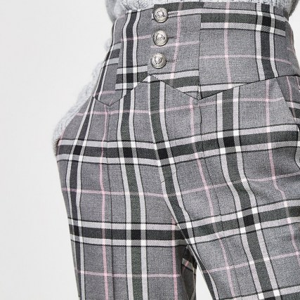RIVER ISLAND Grey check corset waist cigarette trousers / checked slim fit pants / high waisted - flipped