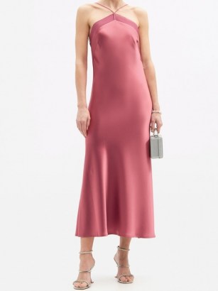 GALVAN Halterneck bias-cut satin slip dress – luxe pink skinny strap dresses – fluid fabric evening fashion - flipped