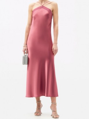 GALVAN Halterneck bias-cut satin slip dress – luxe pink skinny strap dresses – fluid fabric evening fashion