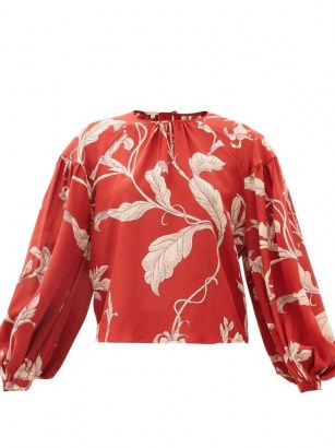 JOHANNA ORTIZ Hecho Por Amor floral-print silk-crepe blouse / red balloon sleeve blouses - flipped