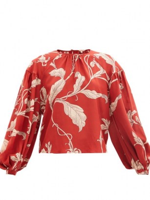 JOHANNA ORTIZ Hecho Por Amor floral-print silk-crepe blouse / red balloon sleeve blouses