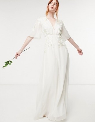 Hope & Ivy Bridal plunge neck maxi dress in ivory ~ long sheer overlay wedding dresses - flipped