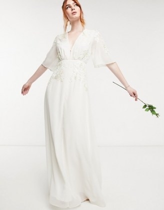 Hope & Ivy Bridal plunge neck maxi dress in ivory ~ long sheer overlay wedding dresses