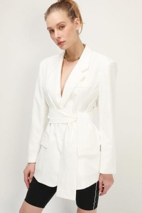 storets Jolie Wide Belted Jacket ~ ivory-white jackets with padded shoulders and a self tie waist