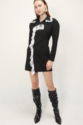 storets Sienna Lace Ruffle Dress ~ black jacket style dresses with a white ruffled trim - flipped