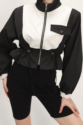 storets Laila Color Block Bomber Jacket ~ monochrome cropped length drawstring waist zip-up front jackets