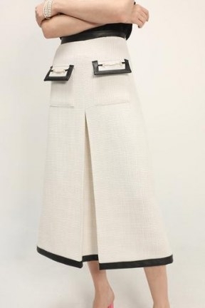 storets Ashley Contrast Trim Tweed Skirt ~ ladylike A-line front pleat pocket detail skirts - flipped